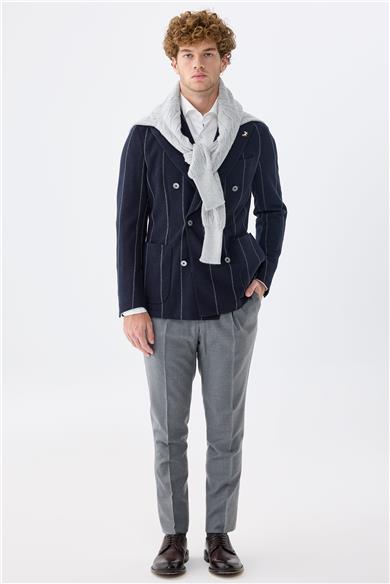 Lacivert Gri Çizgili Kruvaze Yün Ceket