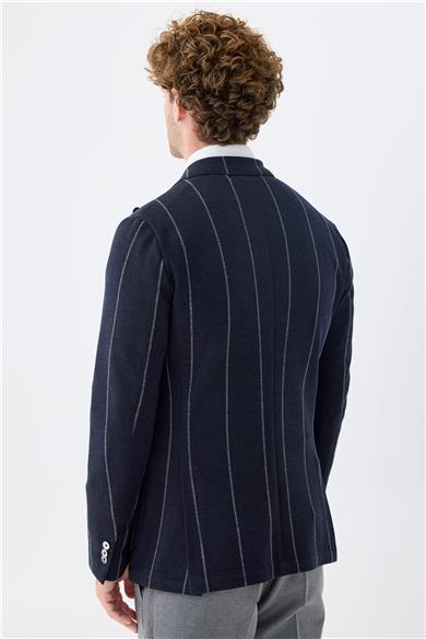 Lacivert Gri Çizgili Kruvaze Yün Ceket