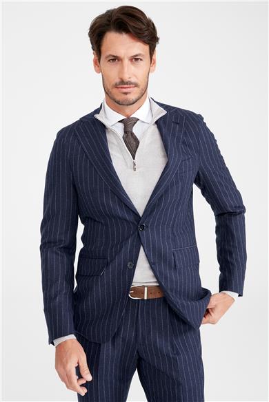 Lacivert Gri Çizgili Yün Takım Elbise