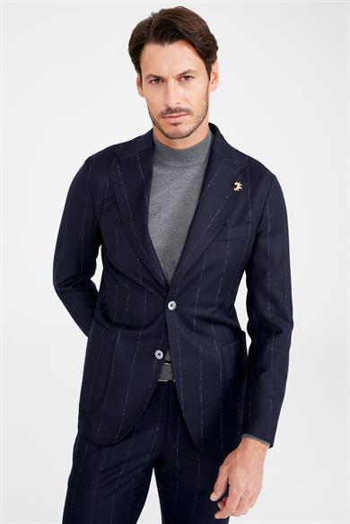 Lacivert Gri Çizgili Yün Takım Elbise