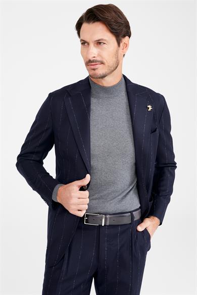 Lacivert Gri Çizgili Yün Takım Elbise