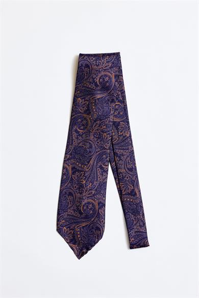 Lacivert Kahve Astarsız 5 Fold İpek Kravat