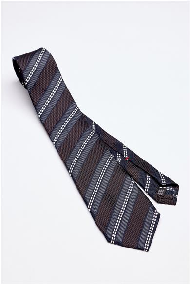 Lacivert Kahve Beyaz Çizgili 7 Fold Örgü İpek Kravat