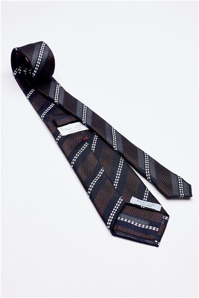 Lacivert Kahve Beyaz Çizgili 7 Fold Örgü İpek Kravat