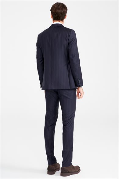Lacivert Kahve Çizgili Yün Takım Elbise