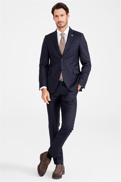 Lacivert Kahve Çizgili Yün Takım Elbise