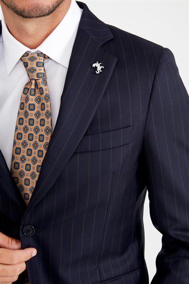 Lacivert Kahve Çizgili Yün Takım Elbise