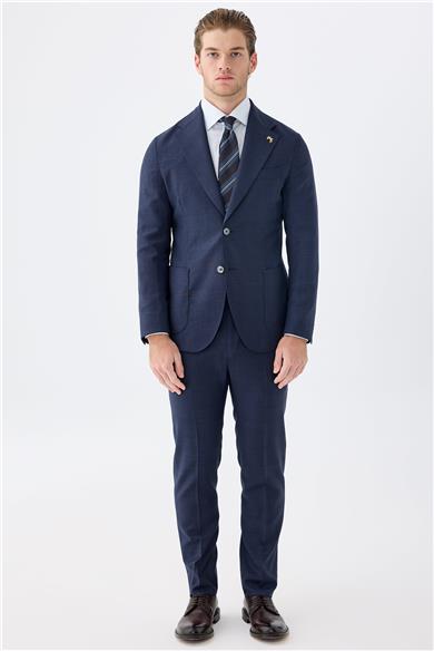 Lacivert Kahverengi Kareli Yün Takım Elbise