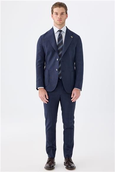 Lacivert Kahverengi Kareli Yün Takım Elbise