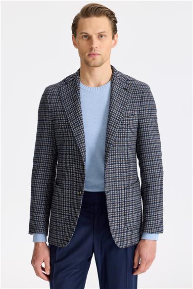 Lacivert Kahverengi Yün İpek Kaşmir Ceket