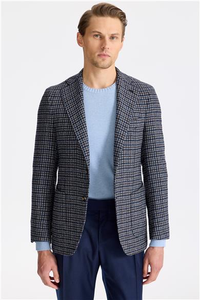 Lacivert Kahverengi Yün İpek Kaşmir Ceket