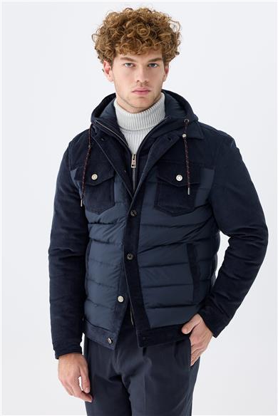 Lacivert Kapüşonlu Pamuk Spor Mont 