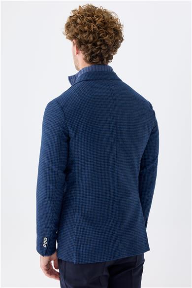 Lacivert Kareli Yün Ceket