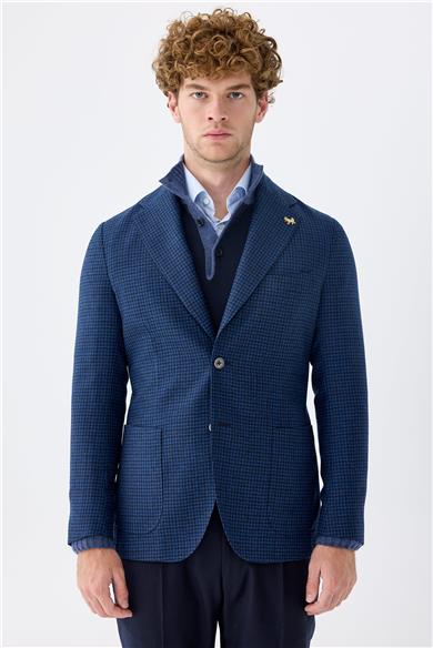 Lacivert Kareli Yün Ceket