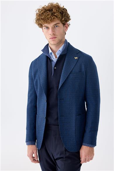 Lacivert Kareli Yün Ceket