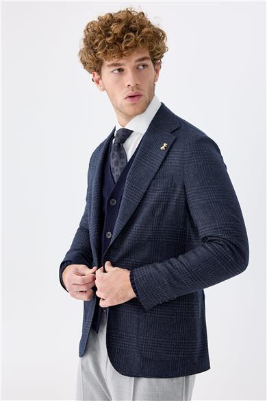 Lacivert Kareli Yün İpek Ceket