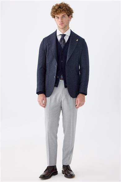 Lacivert Kareli Yün İpek Ceket