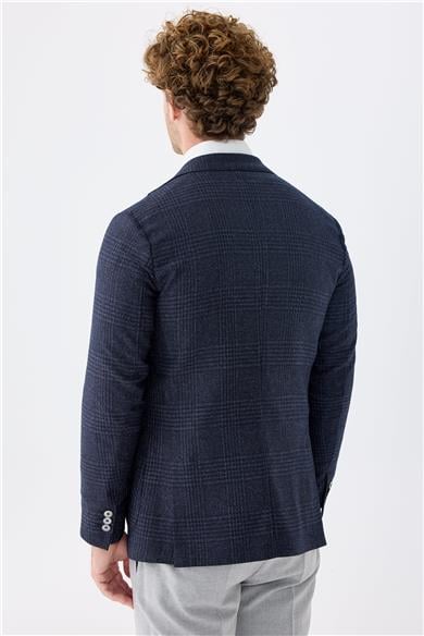 Lacivert Kareli Yün İpek Ceket