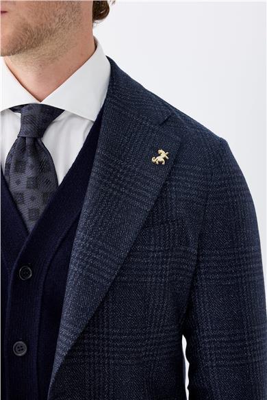 Lacivert Kareli Yün İpek Ceket