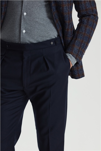 Lacivert Kemersiz Pileli Flanel Pantolon