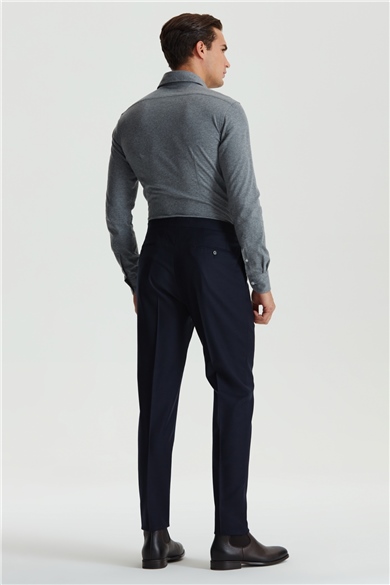 Lacivert Kemersiz Pileli Flanel Pantolon