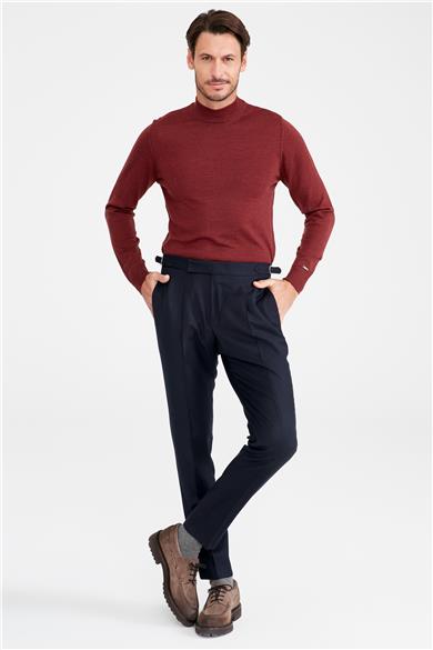 Lacivert Kemersiz Pileli Yün Pantolon