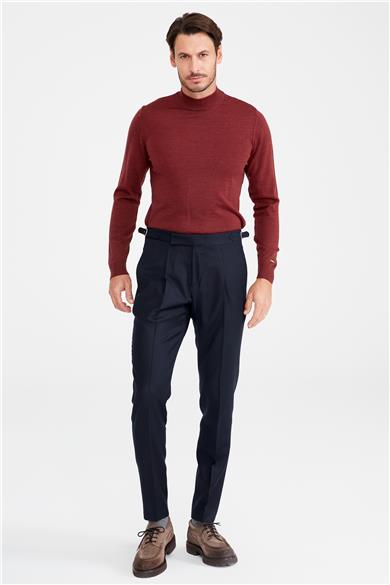 Lacivert Kemersiz Pileli Yün Pantolon