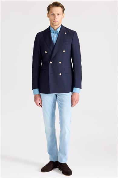 Lacivert Kruvaze Yün Blazer Ceket 