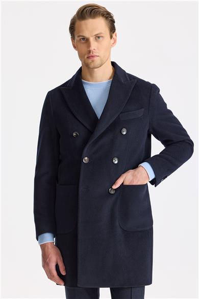 Lacivert Kruvaze Yün Kaşmir Palto