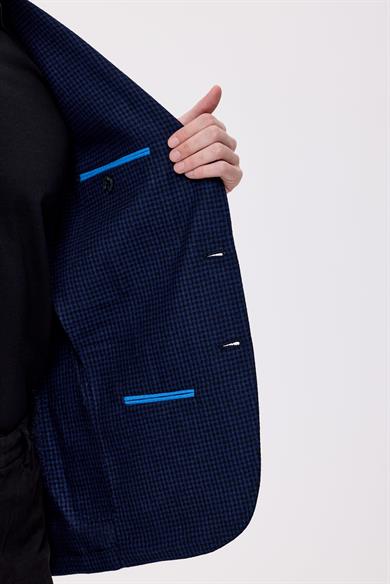 Lacivert Mavi Kareli Yün Kaşmir Ceket