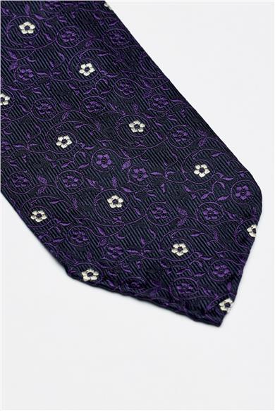 Lacivert Mor Beyaz Çiçek Desenli Astarsız İpek Kravat