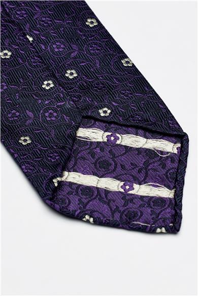 Lacivert Mor Beyaz Çiçek Desenli Astarsız İpek Kravat