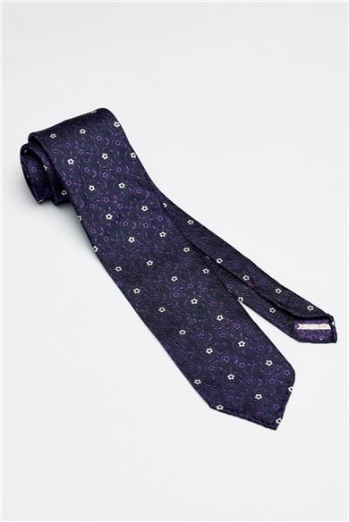 Lacivert Mor Beyaz Çiçek Desenli Astarsız İpek Kravat