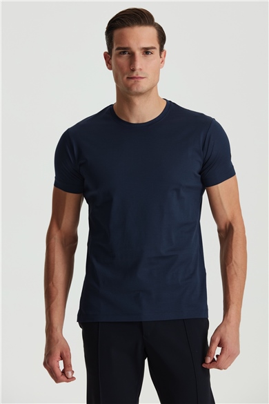 Lacivert Pamuk Saten T-shirt
