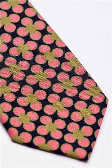 Lacivert Pembe Yeşil Desenli 7 Fold İpek Kravat