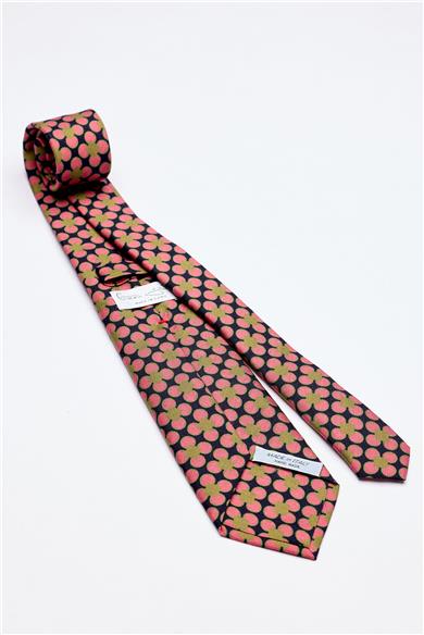 Lacivert Pembe Yeşil Desenli 7 Fold İpek Kravat