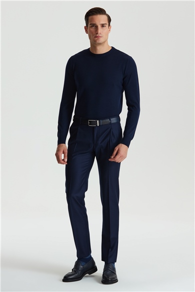 Lacivert Pileli Yün Flanel Pantolon