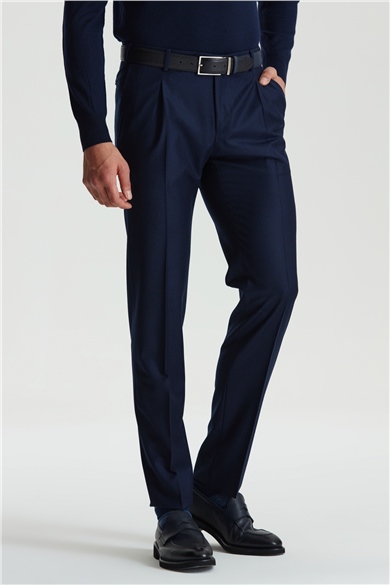 Lacivert Pileli Yün Flanel Pantolon