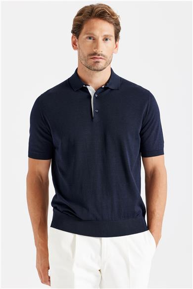 Lacivert Polo Yaka Pamuk İpek Triko