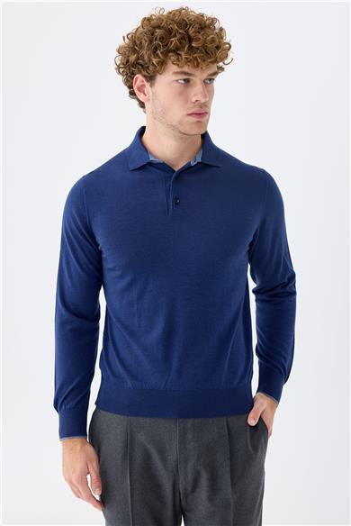 Lacivert Polo Yaka Yün İpek Kaşmir Triko