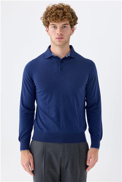 Lacivert Polo Yaka Yün İpek Kaşmir Triko
