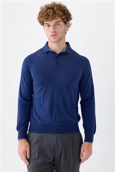 Lacivert Polo Yaka Yün İpek Kaşmir Triko
