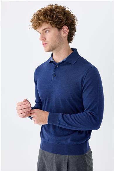 Lacivert Polo Yaka Yün İpek Kaşmir Triko