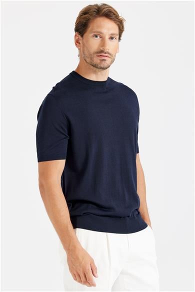 Lacivert Sıfır Yaka Pamuk İpek Triko