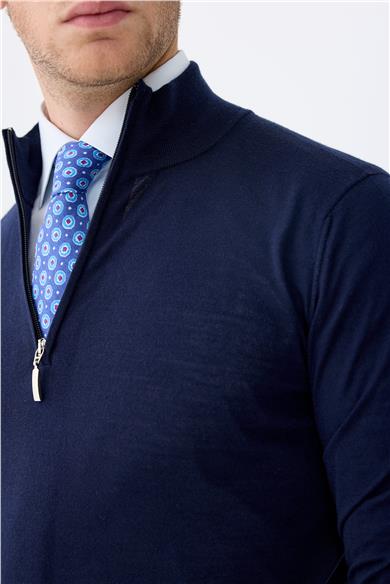 Lacivert Trio Yaka Yün İpek Kaşmir Triko