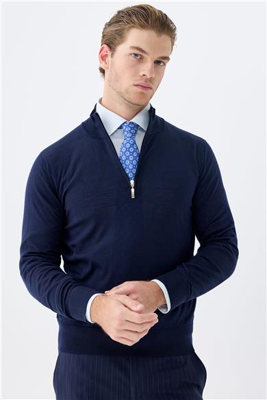 Lacivert Trio Yaka Yün İpek Kaşmir Triko