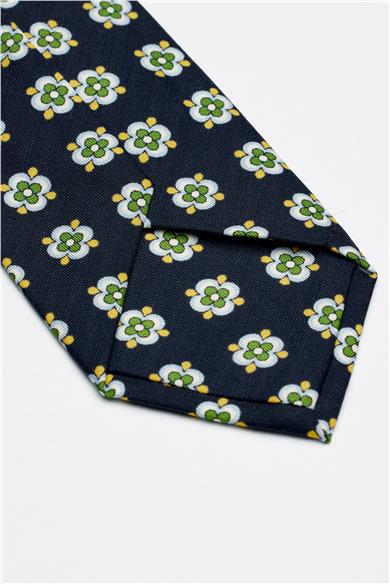 Lacivert Yeşil Desenli Seven Fold İpek Kravat