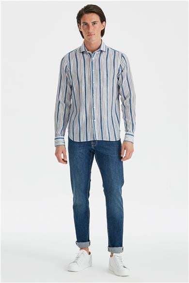 Mavi Bej Çizgili Keten Gömlek