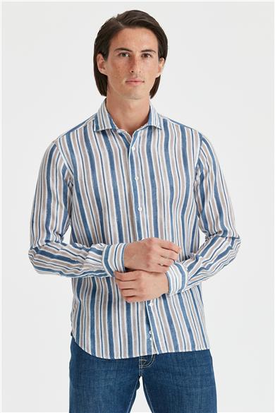 Mavi Bej Çizgili Keten Gömlek