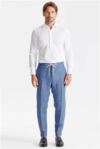 Mavi Beli Kordonlu Keten Pantolon